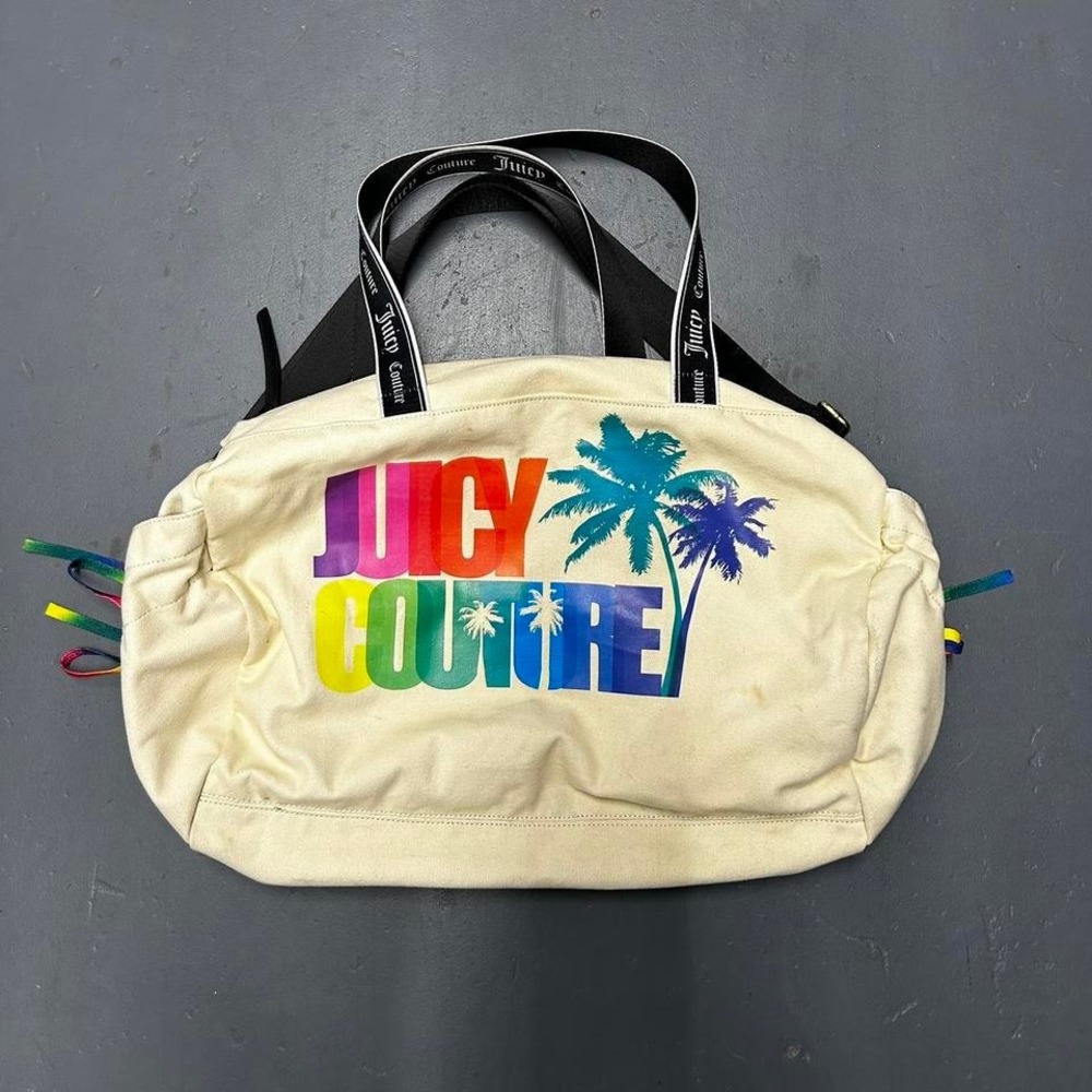Y2K JUICY Couture Rainbow Beach Canvas Tote/Beach/Travel Bag in Cream